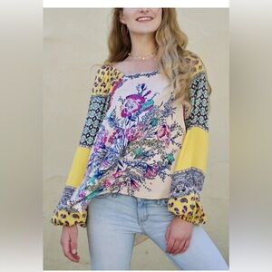 Free People Free Spirit Sz S OffShoulder Bell Sleeve Top Boho Fall Patchwork